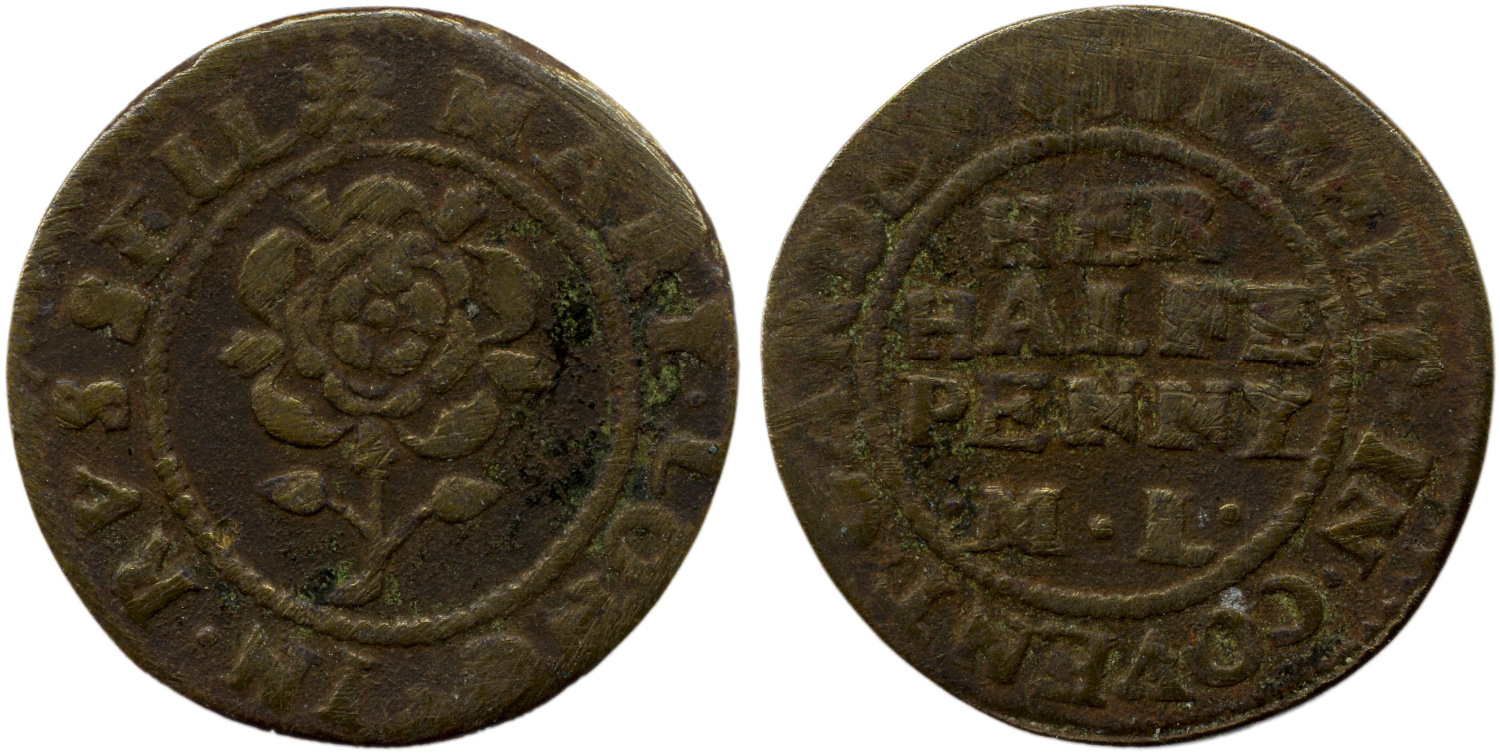 Halfpenny token of Mary Long at the sign of the Rose in Russell Street, Covent Garden