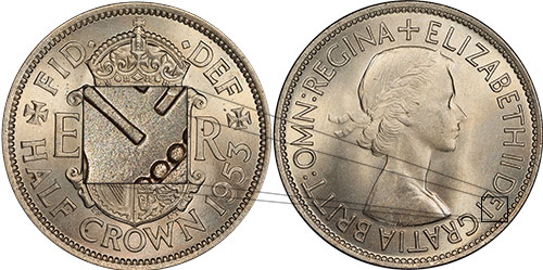 Half Crown 1953 I between beads - British Coins Price Guide and Values