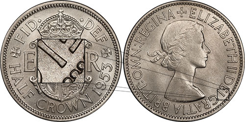 Half Crown 1953 I points to a bead - British Coins Price Guide and Values